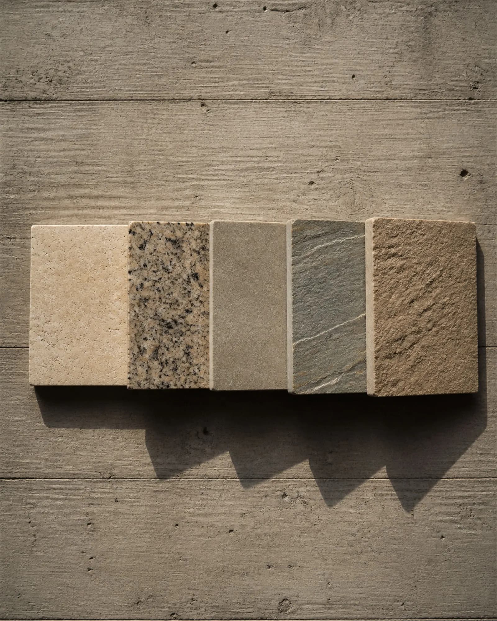 Natural stone samples arranged in a precise row on board-formed concrete under raking light