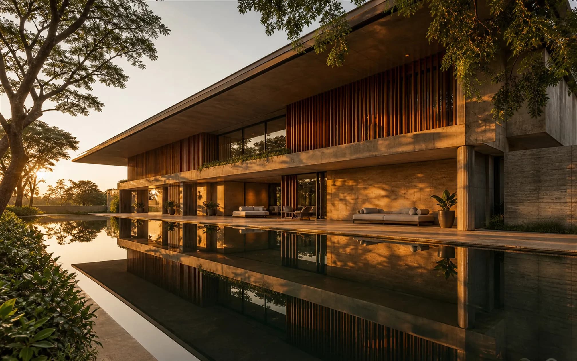 Contemporary Bengaluru residence with a tropical courtyard and reflecting pool at dusk